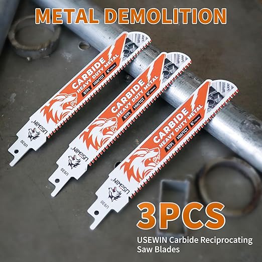 3 Pack Carbide Reciprocating Saw Blades, 6 Inch 8 TPI Metal Blades, Pruning Blade for Reciprocating Saw for Thick Metal, Cast Iron, Alloy Steel