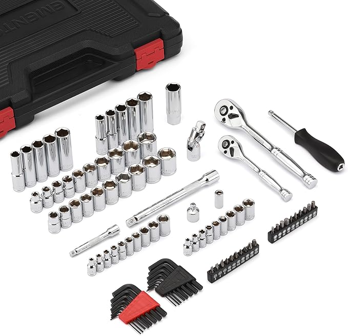 EMENTOL 94PCS 1/4" and 3/8" Drive Master Socket Set, CR-V, SAE/Metric Mechanic Tool Set with Ratchet, Bits, Extension Bars, Universal Joint, Adapter, Hex Keys
