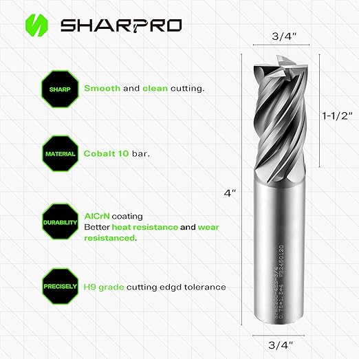 SHAPPRO 3/4 Inch Shank Carbide Square End Mill, 4 Flute CNC End Mills, Heat-Resistant Metal Endmill Suitable Alloy Steel, Stainless Steel, Various Cast Iron