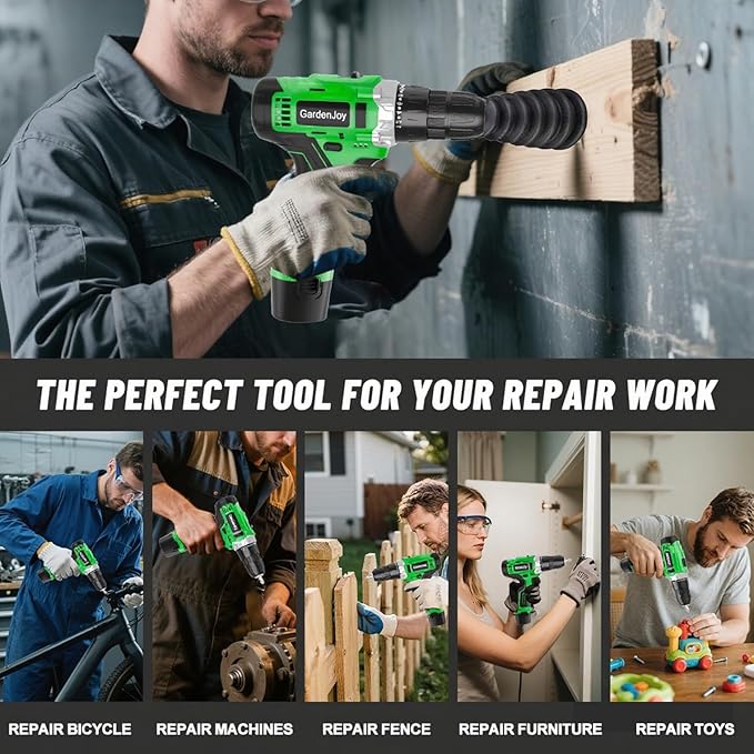 12V Green Cordless Drill Kit, Home DIY, 2 Batteries & Fast Charger, Compact, 2-Speed, 3/8" Keyless Chuck, 24+1 Torque, LED Light for Wood and Metal