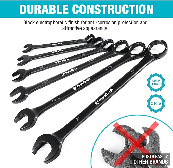 DURATECH Jumbo Combination Wrench Set, SAE, 6-piece, 1-3/8'' to 2'', CR-V Steel, Black Electrophoretic Coating, with Pouch