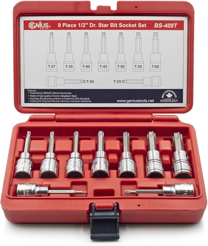 Genius Tools BS-409T 9 Piece 1/2" Dr. Star Bit Socket Set