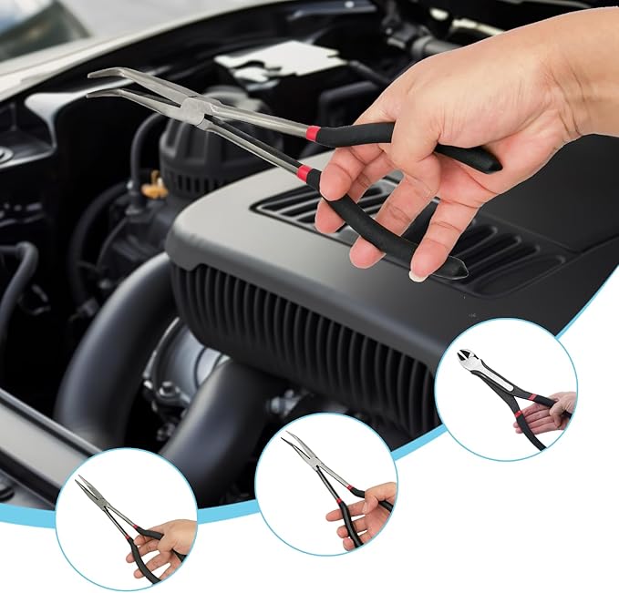 4-Piece 11" Extra Long Needle Nose Pliers Set with Insulated Comfort Grip, Straight Long Reach, 45/90째Bent Nose & Diagonal Pliers for Bending, Shaping & Trimming in Narrow Spaces
