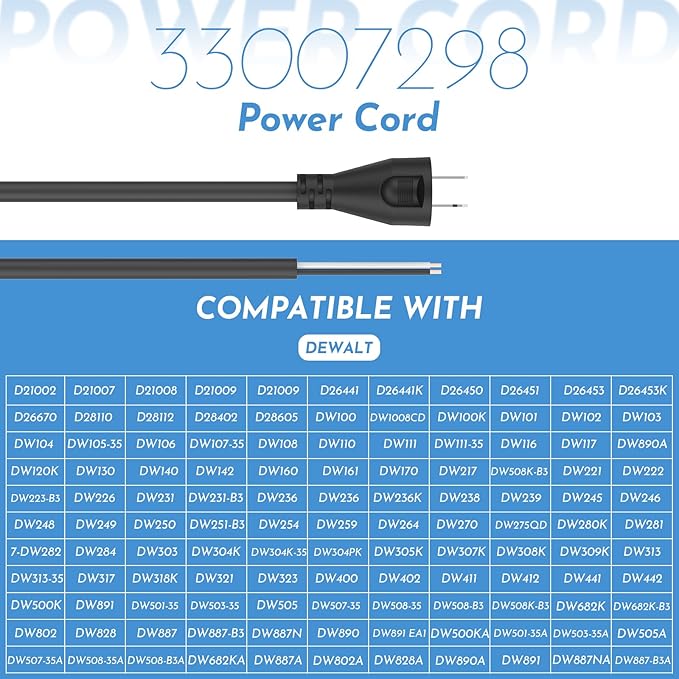 ANTOBLE 33007298 18 Gauge 2 Wire Power Cord Replacement Cord for DEWALT DW100 DW101 DW102 DW103 DW130 DW236 DW400 DW505 (8 ft)
