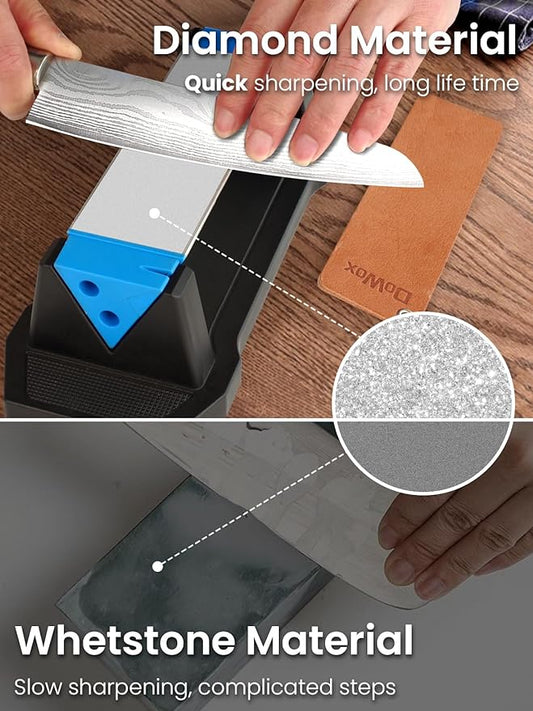 Diamond Sharpening Stone Kit, 3 Side Grit 400/1000/8000 Knife Sharpener for Sharp Blade, Premium Diamond & Ceramic Whetstone with Angle Guide, Non-Slip Base & Leather Strop