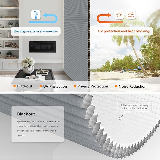 LazBlinds No Tools No Drill Cordless Cellular Shades, Top Down Bottom Up (TDBU) Honeycomb Shades for Home, Blackout Light Blocking Thermal Insulation Blinds for Windows, 47" W x 64" H, Dark Grey