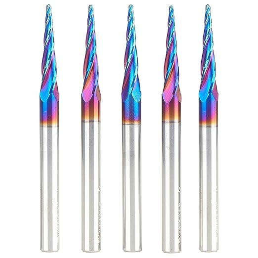 Amana Tool 46282-K-5 5-Pc CNC Solid Carbide Spektra Extreme Tool Life Coated Tapered Spiral 2D/3D Carving 1/16 Dia x 1/4 Inch SHK Router Bit Pack