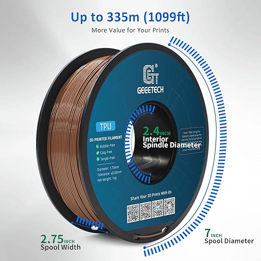 Geeetech TPU Filament 1.75mm, Shore 95A ??Flexible 3D Printer Filament with High Elasticity, 1KG (2.2lbs) Spool, Dimensional Accuracy 짹0.03mm, Fits Most FDM Printers (Brown)