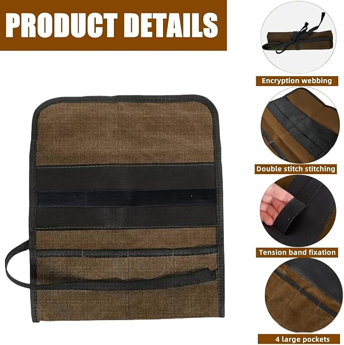 BLIRITEL Small Canvas Chisel Roll, Chisels Bag Tool Organizer with 4 Pockets, Metal Pry Bar Plier Wrench Roll Tool Pouch for Mechanic Carpenter Craftsman (Khaki)