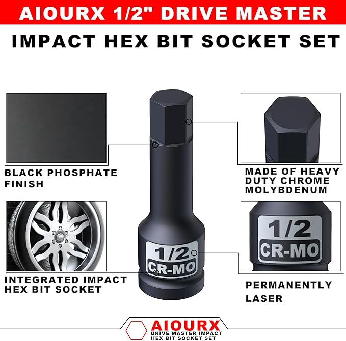 1/2" Drive Master Impact Hex Bit Socket Set, SAE, 10 Pieces 1/2" Drive Impact Allen Bit Socket Set, 1/4" - 3/4", Cr-Mo Steel, Heavy Duty Storage Case