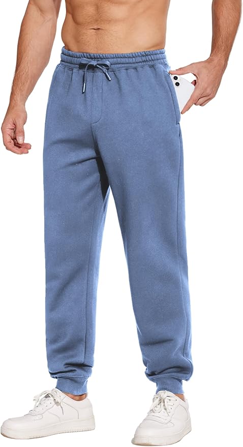 PINSPARK Men's Fleece Joggers with Zipper Pockets Tapered Sweatpants Cotton Sweat Pants for Mens Heavyweight Lounge Pants