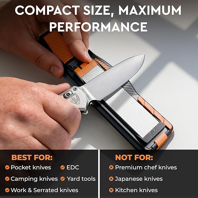 Orange Ninja Pocket Knife Sharpener with Guided Diamond Whetstones ??8-in-1 Tool Sharpener for EDC, Outdoor, Hunting & Camping Knives - Includes Diamond Rod, Leather Strop & Fire Starter