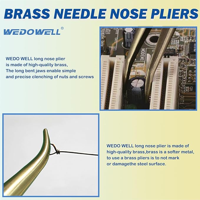 WEDOWELL 8" Bent Needle Nose Pliers,Paper Clamp Precision,Soft Grip with Wire Cutter,Brass Long Nose Cutting Pliers for Home, Fishing, Jewelry, Crafts,Length 200mm