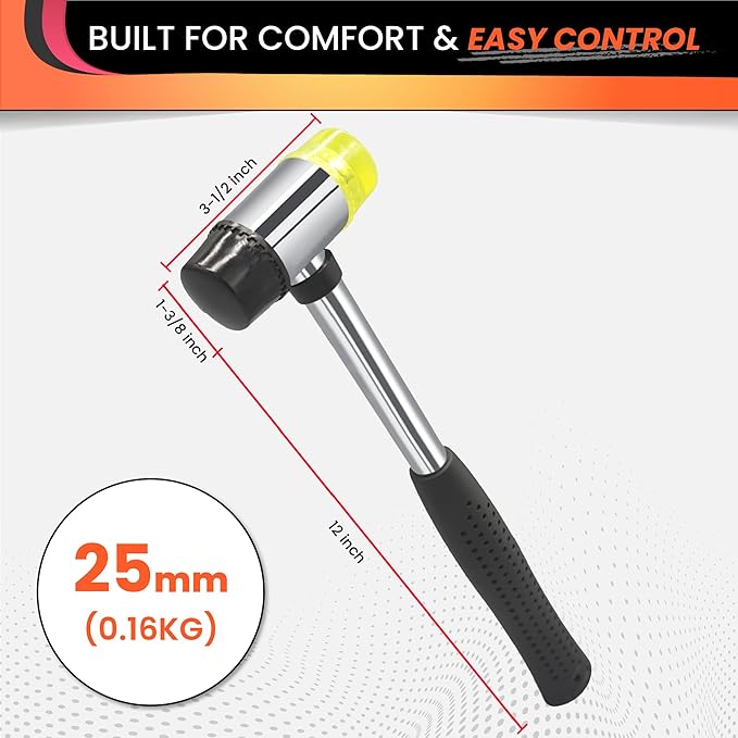 25mm Small Rubber Mallet hammer - rubber hammer with Non‑Slip Grip and Dual Rubber & Nylon Heads for Craft, Tile, Jewelry and Furniture Assembly