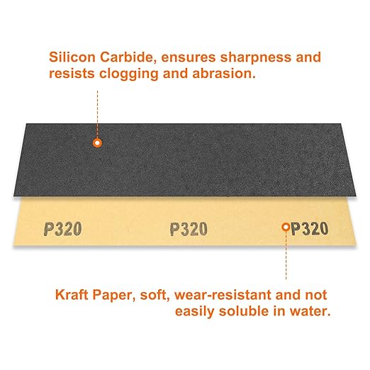 HARFINGTON 45pcs Sandpaper 320 Grit 9 x 3.6 Inch Waterproof Backing Silicon Carbide Abrasive Wet Dry Sanding Sheets for Wood Finishing, Metal Sanding, Automotive Polishing
