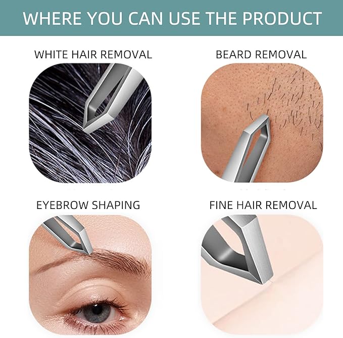 Beard & Hair Plucking Tweezers, Fine Eyebrow Tool, Stainless Steel, 10mm Tip, Anti-Slip Slot Design, Cyan PU Case