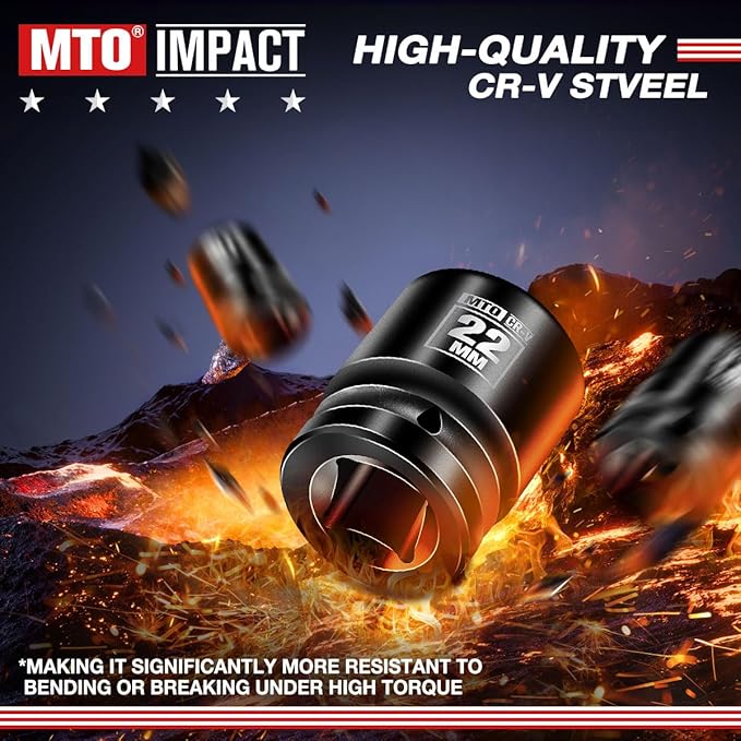 MTO 1/2" Drive 22mm Shallow Impact Socket, 6-Point Metric Socket for Automotive Maintaince, CR-V Steel Meets ANSI Standards