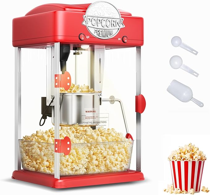 6 Oz Popcorn Machine Maker, Countertop Pop Corn Machine, Tabletop Popcorn Machine, Movie Theater Popcorn Popper Machine with Stainless-Steel Kettle, Measuring Tool for Home Family, 300 W, Red