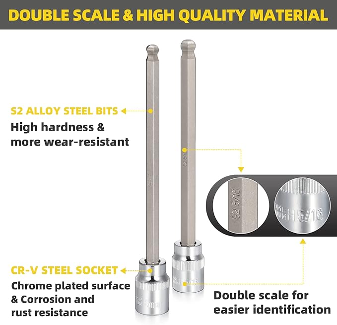 3/8 Inch Drive Extra Long Hex Bit Socket Set, 20-Piece Ball End Allen Socket Set With SAE and Metric 1/8 Inch to 3/8 Inch & 3mm to 10mm, CR-V and S2 Steel