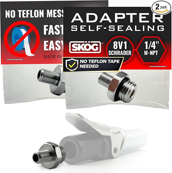 SK횜G Self-Sealing Tire Inflator Adapter (2 Pack) ??1/4??NPT Male to Schrader Valve, Leak-Free O-Ring, No Tape Needed