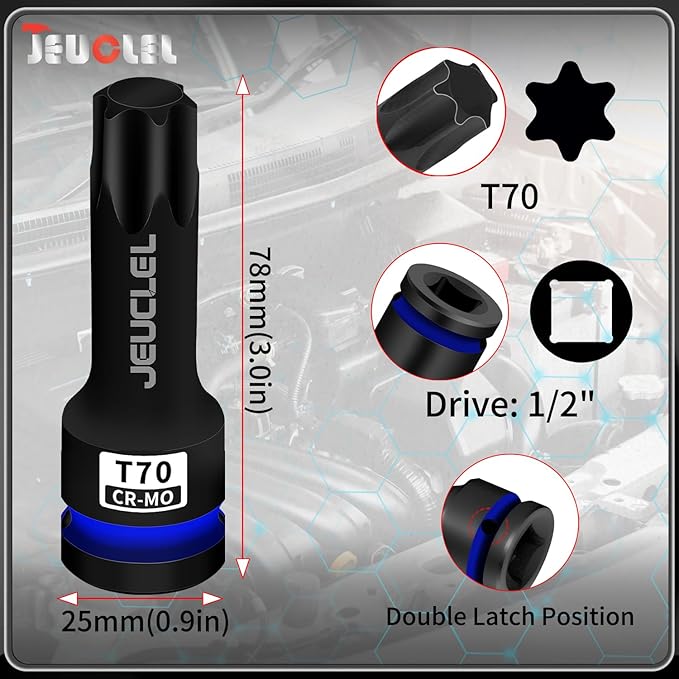 T70 Torx Bit Socket, 1/2" Drive Torx Star 6 Point Impact Bit Socket, 3-Inch, Cr-Mo Steel, Screwdriver Adapter for Electric Ratchet Wrenches Fastening Screws Hand Repair