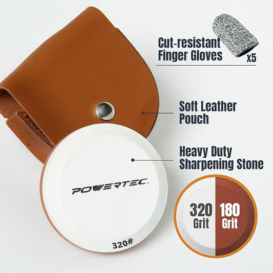 POWERTEC Axe & Hatchet Sharpening Stone, Dual Grit 180/320 Round Sharpening Puck, Multi-Purpose Axe Sharpener with Leather Pouch & Safety Gloves, Whetstone Sharpener Tool for Knife, AX, Sword (72125)
