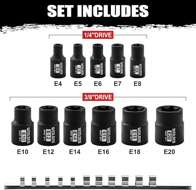 11-Piece E-Torx Socket Set, 1/4" & 3/8" Drive, E4-E20 Torque Socket Set