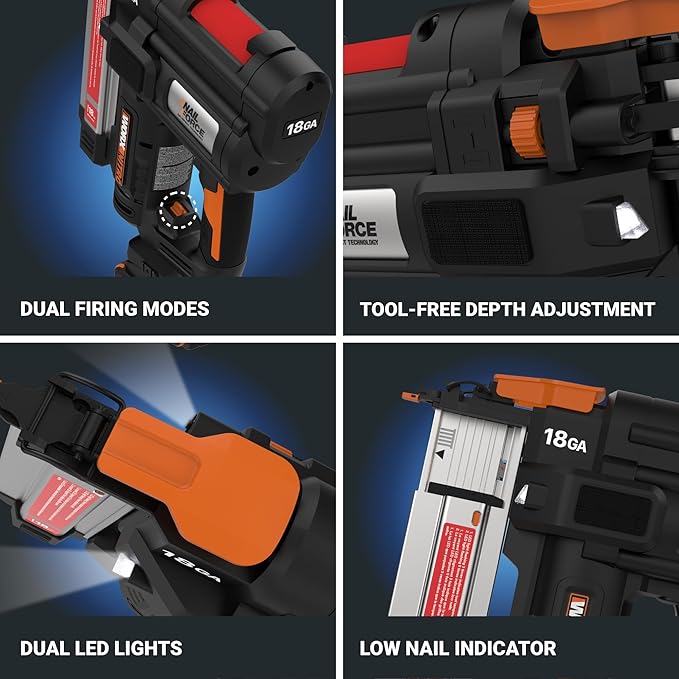 Worx Nitro 20V 18GA Brad Nailer Cordless Fires 80 Nails Per Minute, Cordless Nail Gun Anti-Ejection, Nail Gun Battery Powered Tool-Free Jam Release WX842L.9 Power Share ??Tool only