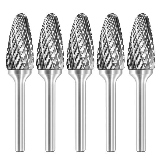SF-5 Tungsten Carbide Burr Rotary File Tree Shape Radius End Shape Double Cut for Die Grinder Drill Bits 1/4'' Inch Shank Diameter and 1/2'' Diameter of Cutter 1'' Inch Cutter Length - 5Pcs