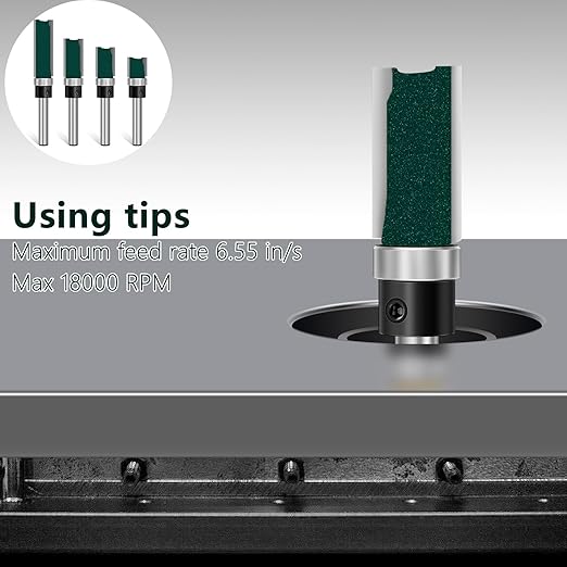 Feanron Flush Trim Router Bit Set 4 Pcs Straight Cut Router Bits 1/4 Inch Shank, Carbide Tipped Pattern Template Route Bit with Bottom Bearing, Woodworking Tools for Milling Trimming Home DIY (Green)