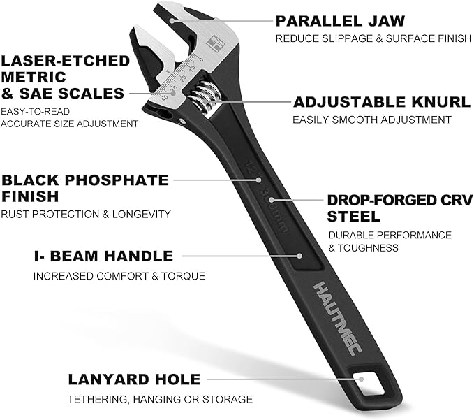 HAUTMEC 3PCS Adjustable Wrench Set Extra Wide Jaw Black Finish Adjustable Wrenches Drop-Forged CR-V Steel Metric & SAE Scales 6 in. 8 in. 10 in. for Home Garage Workshop DIY