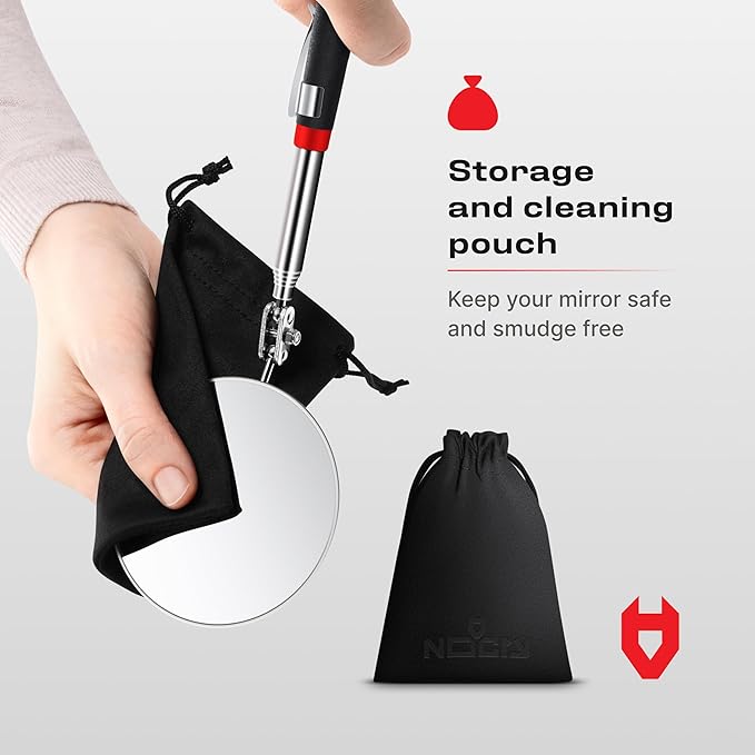 NoCry Heavy Duty Telescoping Inspection Mirror ??3.23 Inch Round Mirror on a Stick; 2-in-1 Storage Pouch; Extendable Mirror up to 30in; Non-Slip Handle; 360째 Inspection Mirror Telescoping Swivel Head