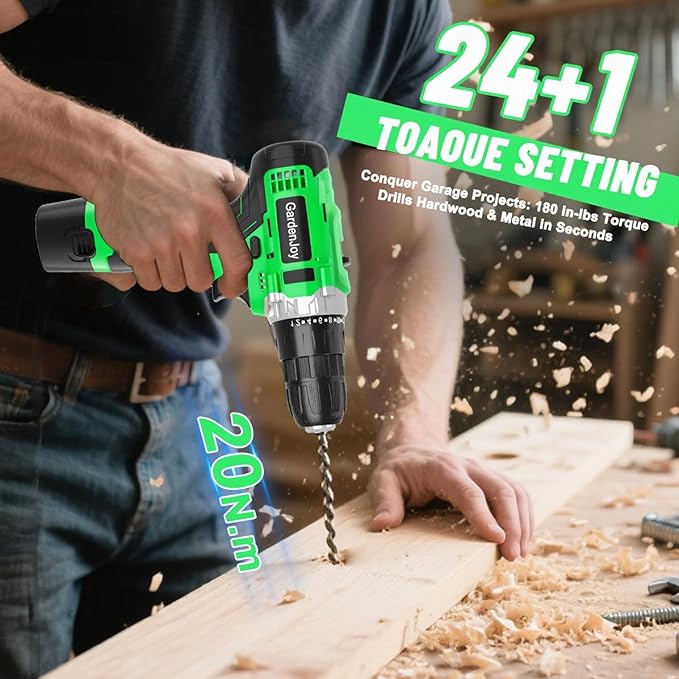12V Green Cordless Drill Kit, Home DIY, 2 Batteries & Fast Charger, Compact, 2-Speed, 3/8" Keyless Chuck, 24+1 Torque, LED Light for Wood and Metal