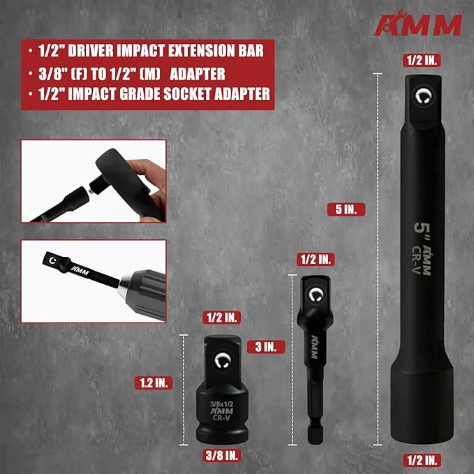 AMM 1/2" Drive Master Impact Socket Set, 24-Piece Shallow Standard SAE (7/16-Inch to 1-Inch) & Metric (13-24 mm) Sizes, Socket Assortment with Ratchet Handle竊똂r-V Steel