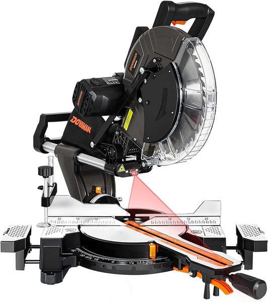 DOVAMAN 12-Inch Dual-Bevel Miter Saw, Compound Sliding Miter Saw, Ambidextrous Operation, 3800RPM, 4.2 x 13in Cutting Capacity, Laser Guide, 0-45° Bevel & Miter Cut, 9 Positive Stops, 15-Amp Corded