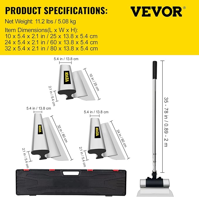 VEVOR Skimming Blade Set,10"+24"+32" Blades + 35"-78" Extension Handle竊똄uropean Stainless Steel Construction Knife, Aluminum Blade Profile Smoothing Knockdown Spatula for Gyprock/Drywall/Wall-Board