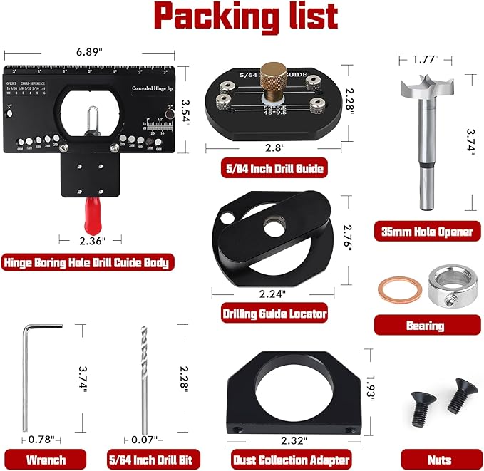 35mm Concealed Hinge Jig, Cabinet Hardware Jig with Quick Clamp and Dust Collection Adapter, Aluminum Alloy Hinge Hole Drilling Jig, Woodworking Tool for Door Cabinets Hinges Mounting