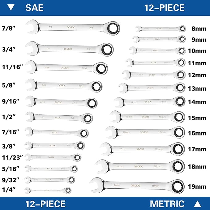 XJX Ratcheting Wrench Set, 24-Piece Combination Wrench Set, SAE & Metric 1/4" to 7/8" & 8-19mm Combination Wrenches 72-Tooth CR-V Wrenches with Roll Up Pouch