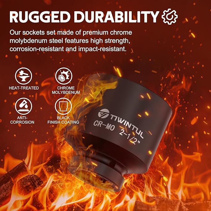 2-1/2" Impact Socket 1" Drive, 6 Point Design, CR-MO, ANSI Certified, Large & Spindle Nut Socket 1 Inch Drive for Heavy Truck, Construction, Oilfield & Equipment Service