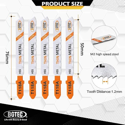 5PCS T Shank Jigsaw Blades Set - BGTEC HSS(M2) Jig Saw Blades for Wood, Plastic and Metal Cutting(T118A)