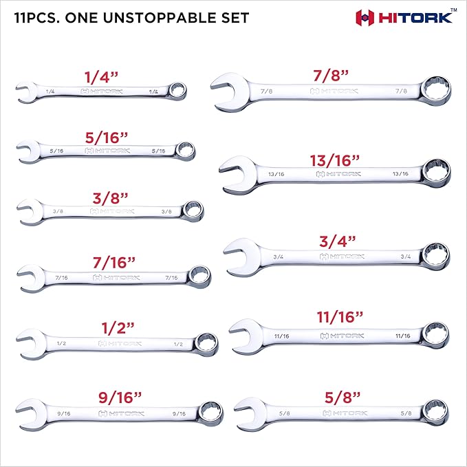 Hitork 11 Piece Combination Wrench Set with Roll Pouch, SAE Sizes (1/4" - 7/8"), Drop Forged Cr-V Steel, Chrome Plated Mirror Finish, 12 Point Box End, 15째 Offset, Exceeds ANSI Standards