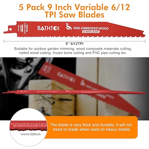 5 Pack 9 Inch 6/12 Tpi Reciprocating Saw Blades for Wood and Nail-Embedded Wood Cutting, Bi-Metal Sawzall Blades with 8% Cobalt for Longer Life and Faster Cutting Speed