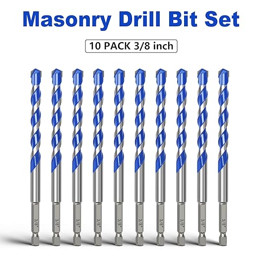 10 Pack 3/8 inch Concrete Drill Bit Set,Masonry Drill Bit Set with Hex Shank,Carbide Tip Drill Bits for Concrete,Brick, Plastic, Cement, Tile and Ceramic (3/8"竊?0 Pcs竊?