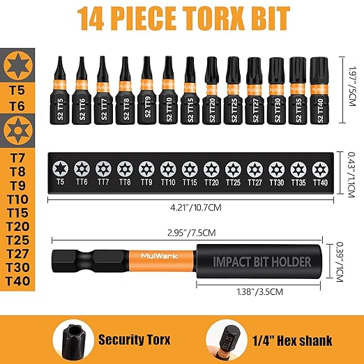 MulWark 14-Piece Security Torx Bit Set ??T5-T40 Star Bits Set, 1'' S2 Steel Tamper-Resistant Bits with Magnetic Bit Holder, 1/4" Hex Shank ??Christmas Gift, Holiday Tool Set, Xmas Stocking Stuffer