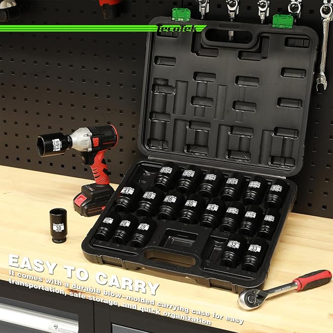 1/2" Drive Deep 6-Point Impact Socket Set, 21-Piece Spindle Axle Nut Impact Socket Set, CR-MO, SAE (1-1/16-Inch to 1-5/8-Inch) and Metric (27mm to 41mm)