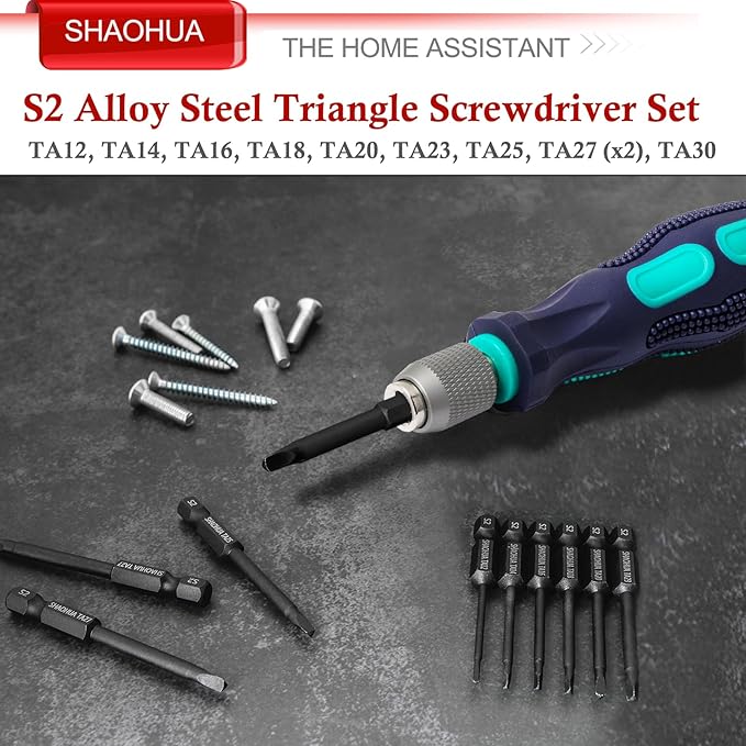 10PCS Triangle Screwdriver Set, S2 Steel Quick Change Bit Driver, Triangle Drill Bit Set Sizes TA12/14/16/18/20/23/25/27/30, 1/4 Inch Hex Head 2.55"(65mm) Triangle Head Screwdriver