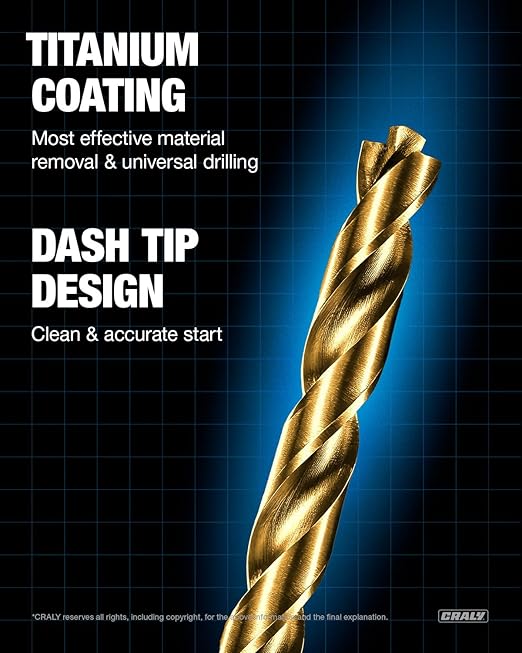 CRALY 21-Piece Cobalt Drill Bit Set, M35 HSS Titanium Coated Jobber Length Twist Drill Bits, Dash Tip & 135 Degree Split Point, 3-Flat Shank, for Hard Metal, Stainless Steel, Cast Iron, Plastic
