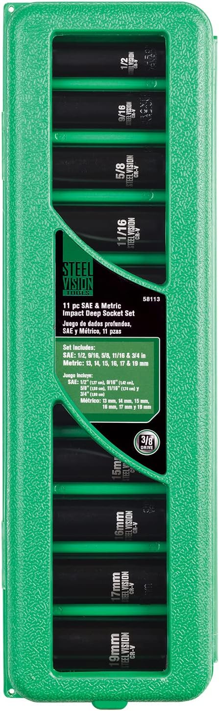 Steel Vision 11 pc 3/8 in Drive Deep Impact Socket Set,SAE & Metric竊?6Point, Chrome vanadium steel竊?3 Pieces 3/8" Dr. Socket