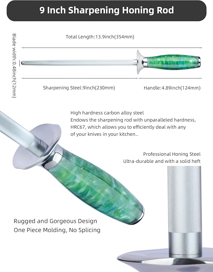 Honing Rod, Sharpening Steel for Kitchen Knives ??9" Honing Steel ??Resin Handle ??XUAN Series (Jade Green)