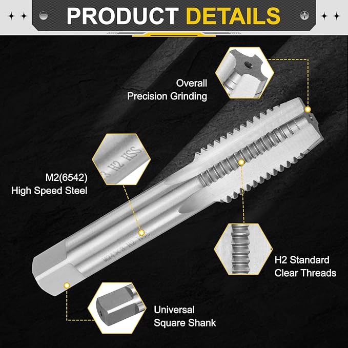 uxcell Hand Plug Tap M24 x 3 H2 Metric Thread Plug Style Taps Straight Flute Screw Tapping Threading Tool High Speed Steel HSS6542